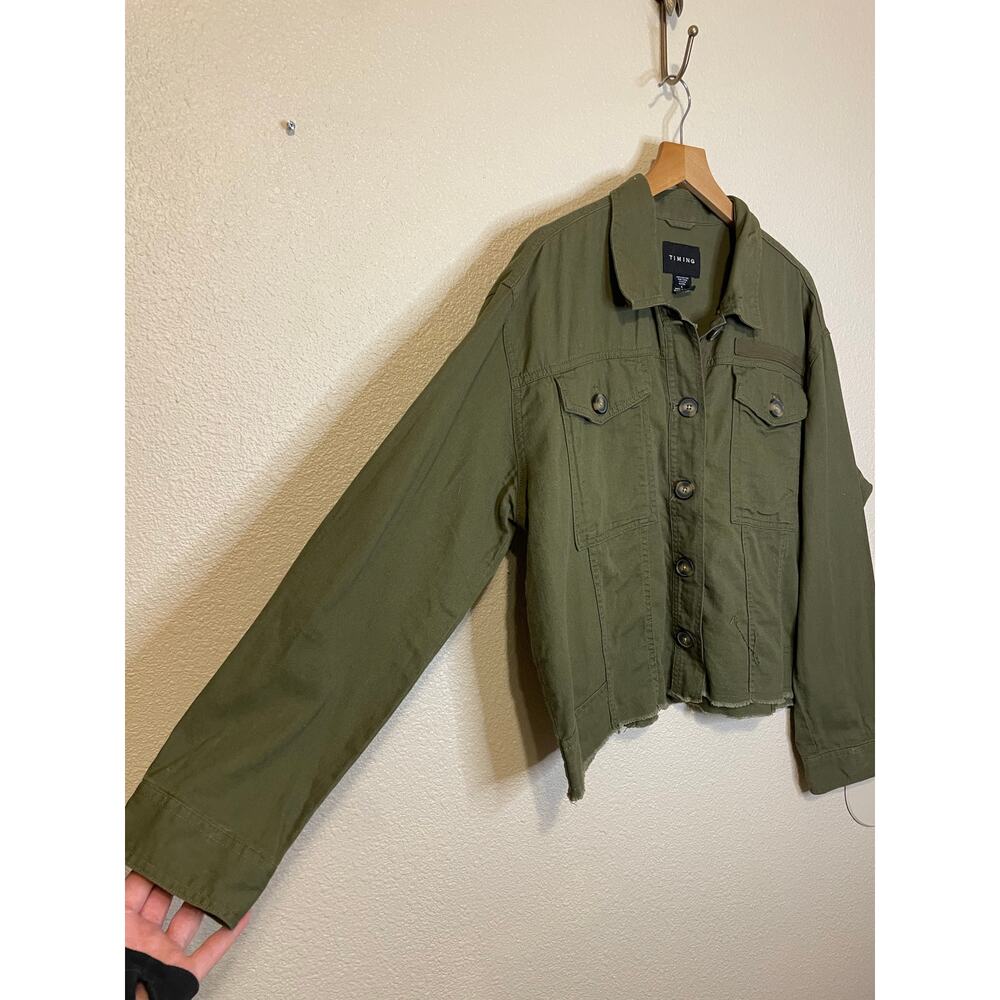 Timing Army Green Cropped Button Up Collared Two Pocket Cotton Utility Jacket Lg - Picture 9 of 11